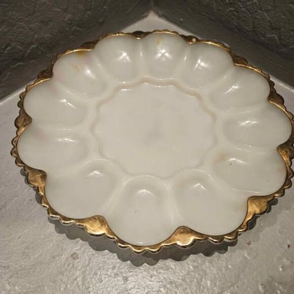 Gold Rimmed Milk Glass Fire-King Anchor Hocking 10"  Deviled Egg Serving Tray - Picture 1 of 3